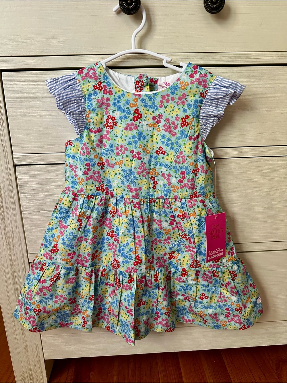 Ruffle Butts Multi Floral Cotton Dress with Blue Stripe Sleeves